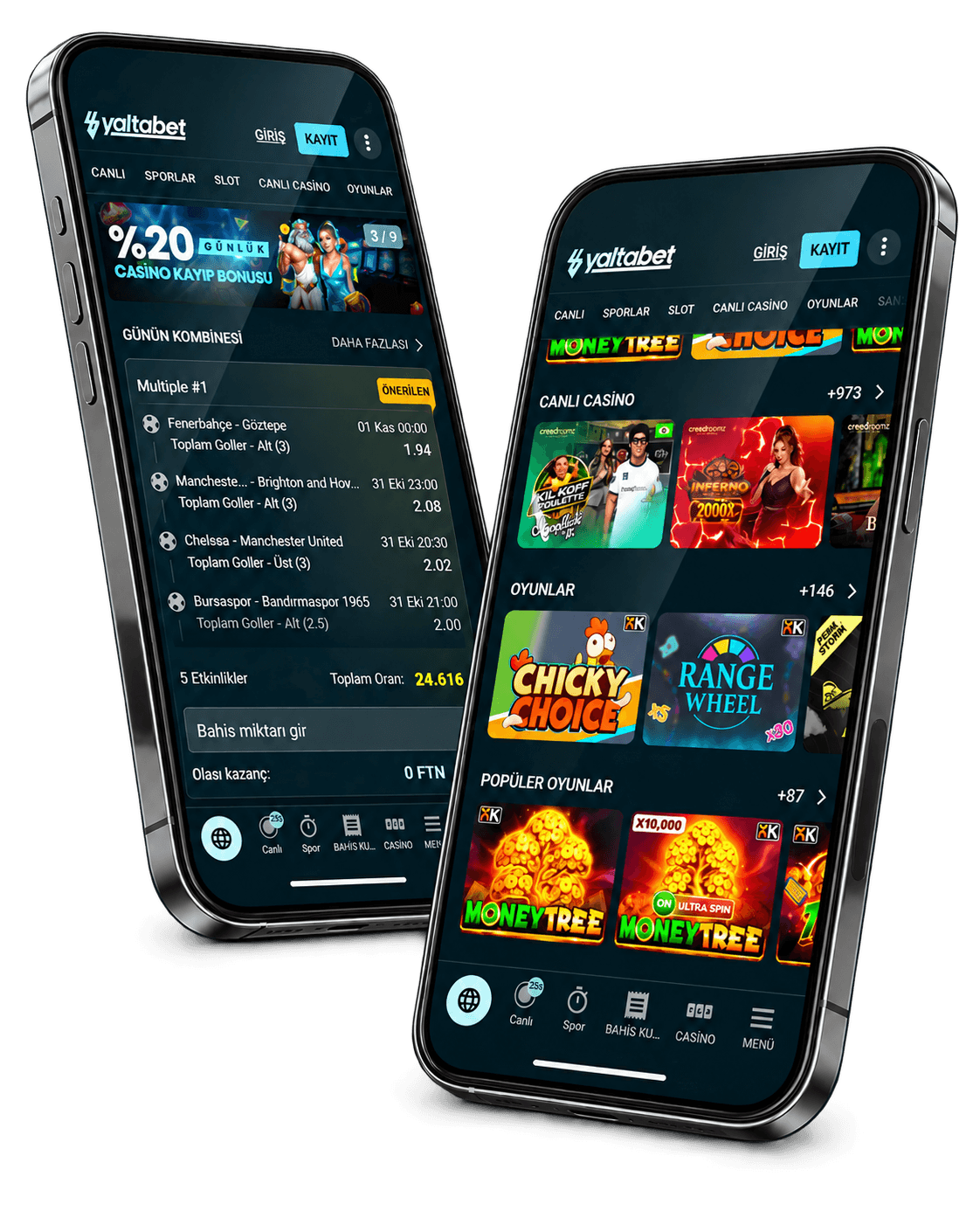 Yaltabet web sitesinin iki mobil telefon önizlemesi